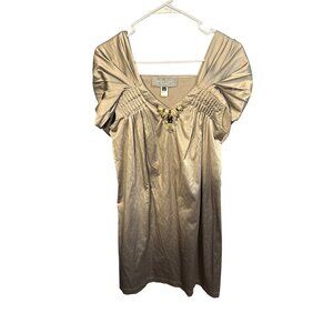 Sachin + Babi For Ankasa Gold Ruched Satin Dress W/ Jeweled Neckline & Pleated S